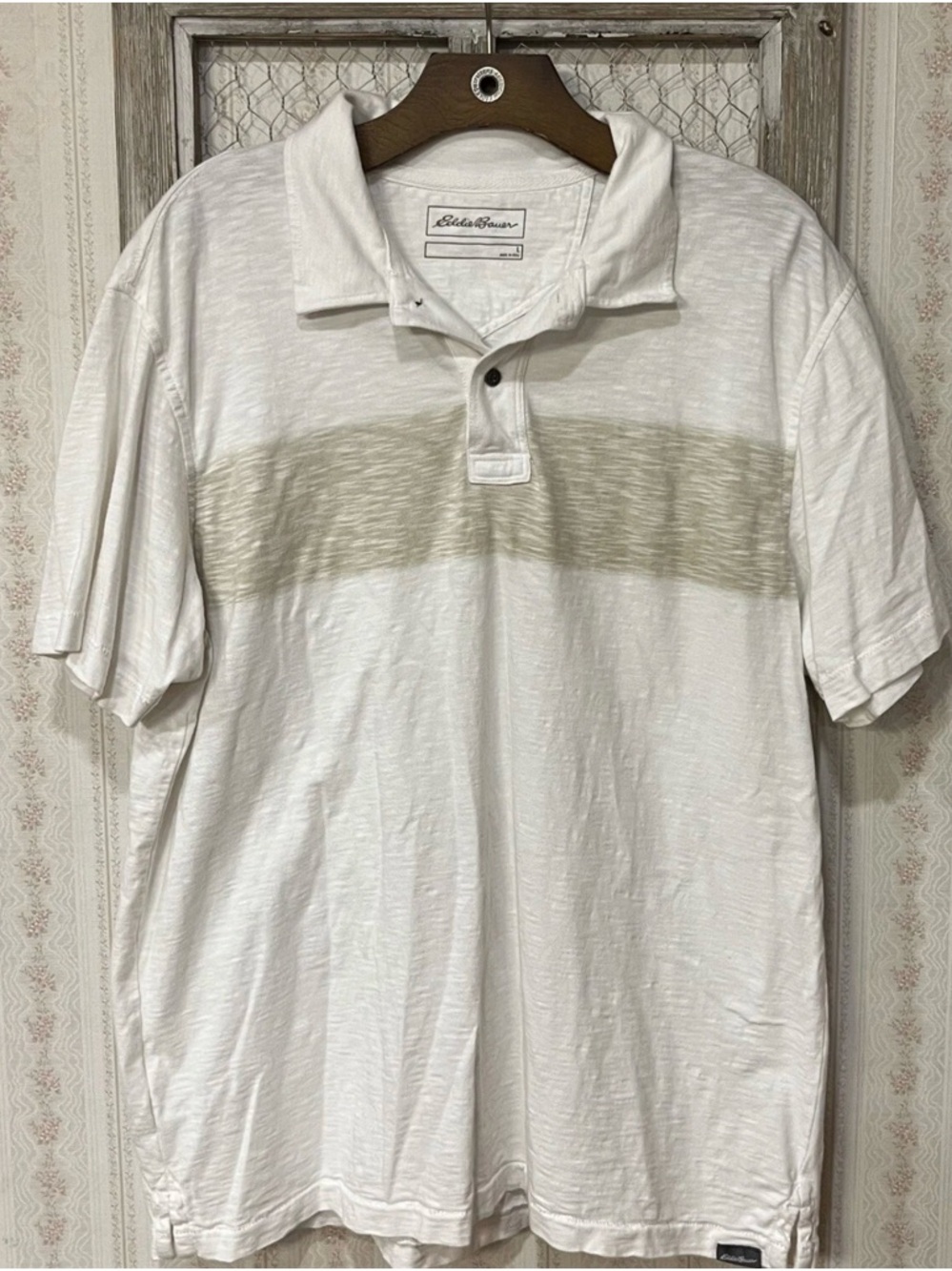 Eddie Bauer Men's White Polo Shirt with Light Olive Stripe